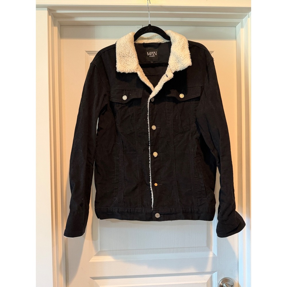 Boohoo Men's Jacket Black Corduroy Sherpa Button Collar Button Large READ